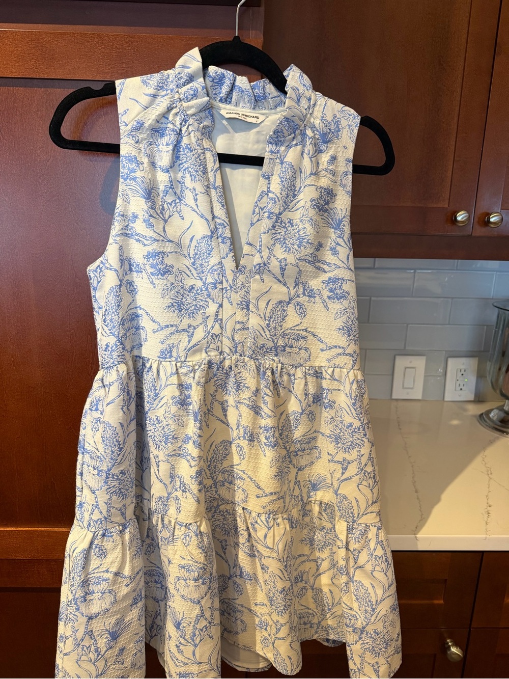 Amanda Uprichard White Dress Top with Blue Floral Print